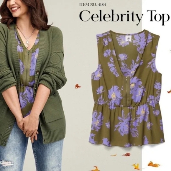 CABI #4184 Celebrity Green Floral Print Zipper Front Sleeveless Blouse, Size M - Picture 1 of 10
